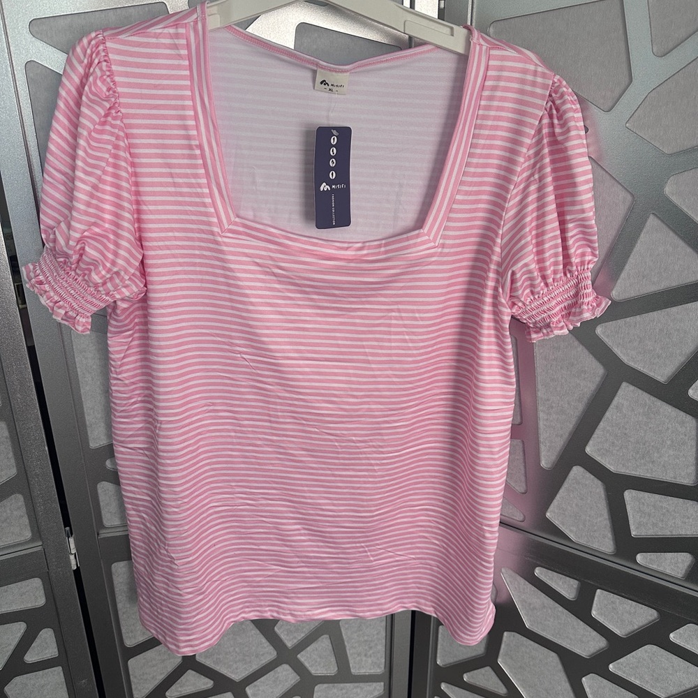 Pink and white striped shirt sleeve top